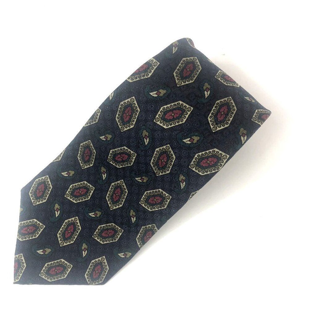 Barbara Blank New York Vintage Silk Tie Navy Blue Medallion Paisley Foulard Hand